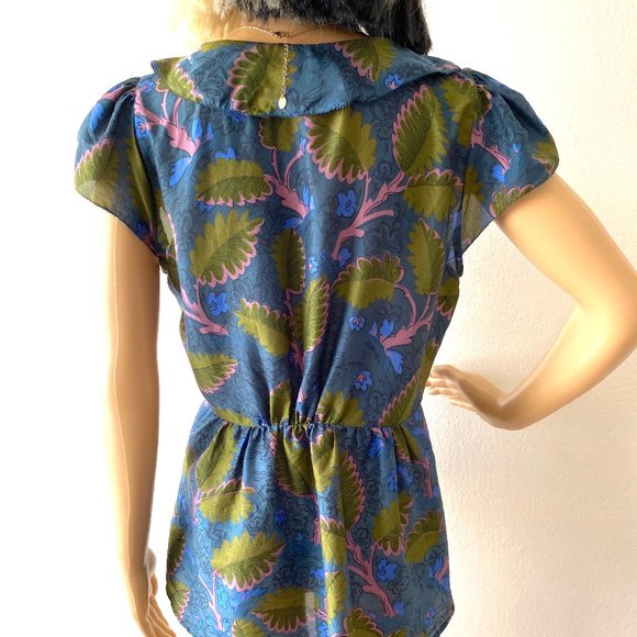 Floral Short Sleeve Summer Blouse | Ruffled Blouse | Frilly Top | ANTHROPOLOGIE - Picture 8 of 11